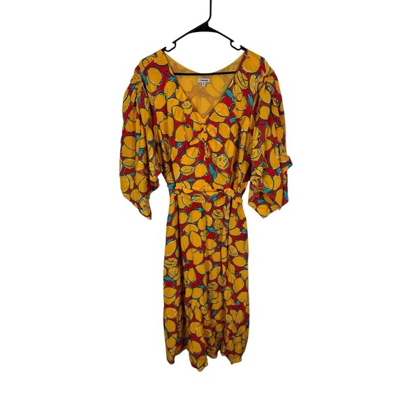 J Peterman Lemon Print Silk Dress Kimono Sleeve V Neck Midi Size 18 - Picture 1 of 11